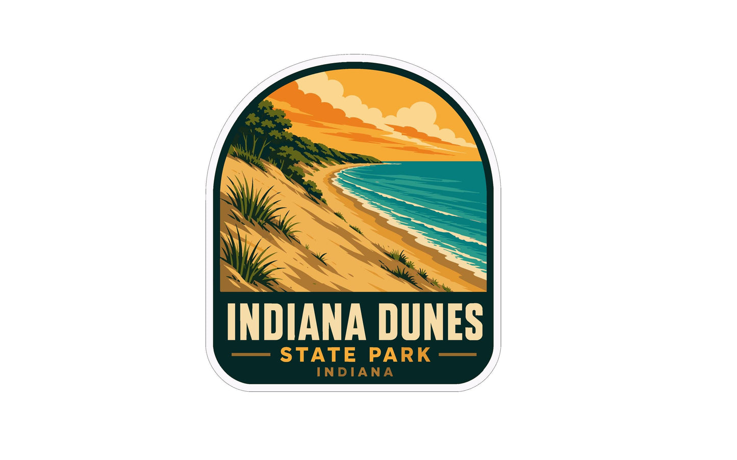 A sticker or emblem featuring a scenic landscape with a beach, mountains, and a sunset over the ocean.