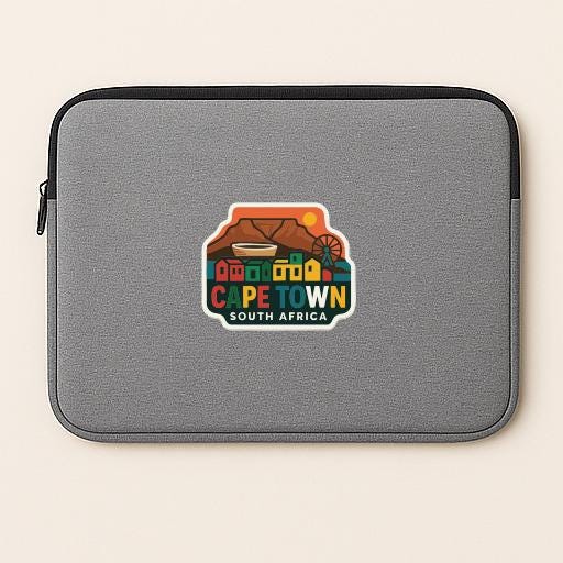 A gray laptop sleeve with a colorful graphic of Cape Town, South Africa, featuring a mountain, buildings, and a sunset.