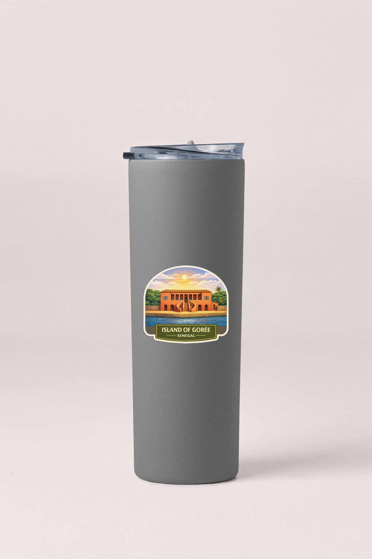 A gray insulated tumbler with a label that says "ISLAND OF GOREE" and "SENIORS".