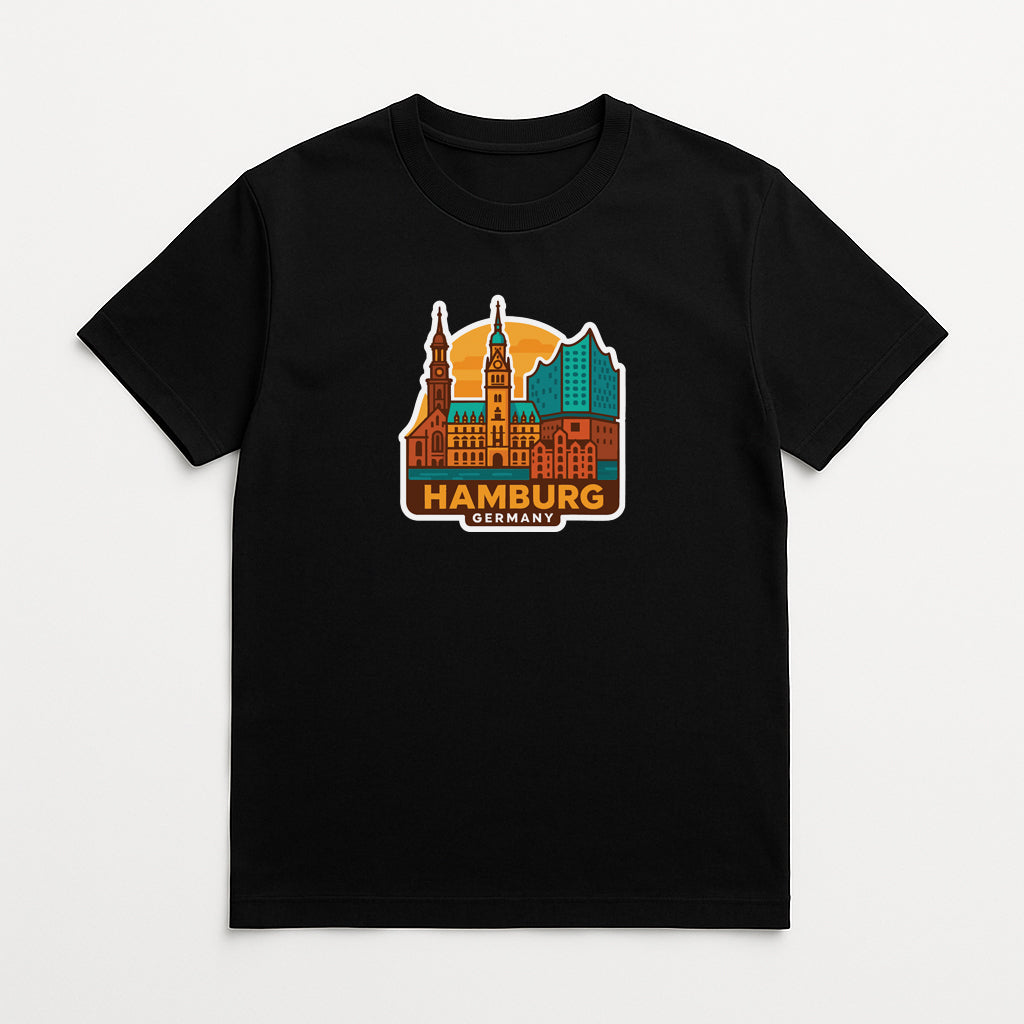 A black t-shirt with a graphic design depicting the skyline of Hamburg, Germany.