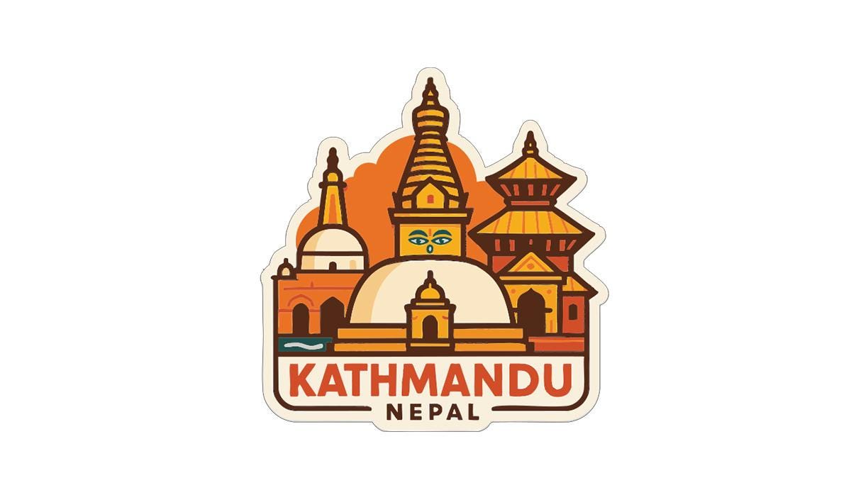 a stylized illustration of the city of Kathmandu, Nepal, showcasing its iconic landmarks and architecture.