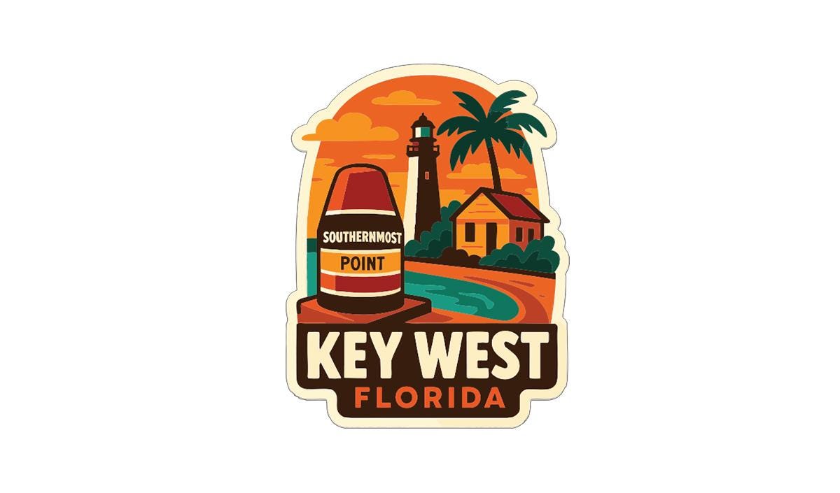 A sticker depicting the lighthouse at Key West, Florida, with a palm tree and a house in the background, along with the text "SOUTHERNMOST POINT" and "KEY WEST FLORIDA".