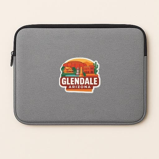 A gray laptop sleeve with a logo of Glendale, Arizona, printed on it.