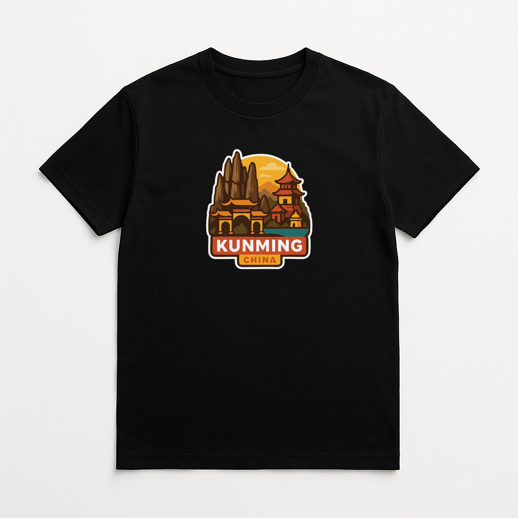 A black t-shirt with a graphic design depicting a temple and mountains, along with the text "KUNMING CHINA" printed on it.