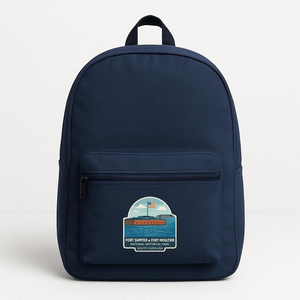A navy blue backpack with a sticker on the front that says "FORT SUMTER & FORT MOULTRE".
