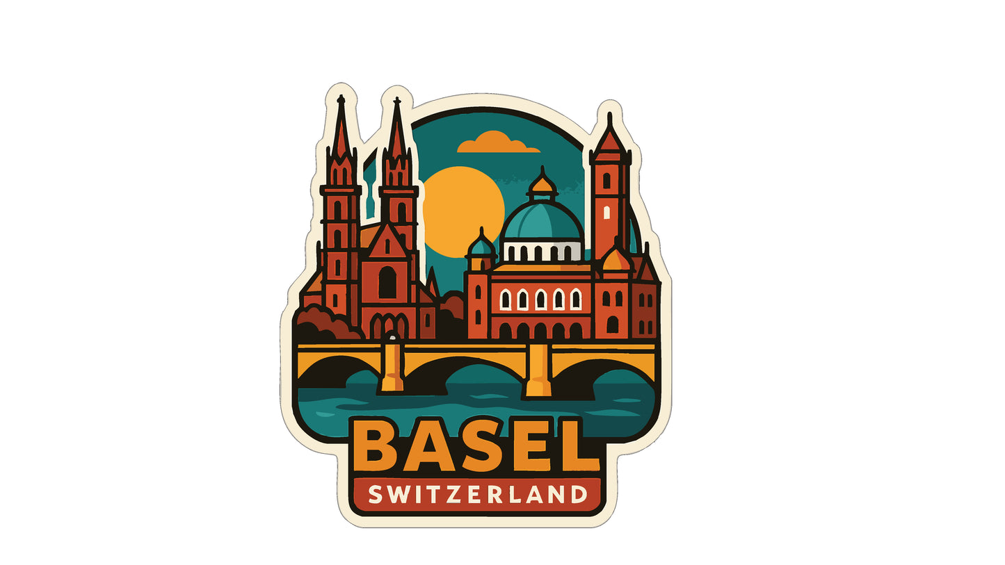 a stylized illustration of the city of Basel, Switzerland, with various landmarks and architectural elements depicted in a colorful and vibrant manner.
