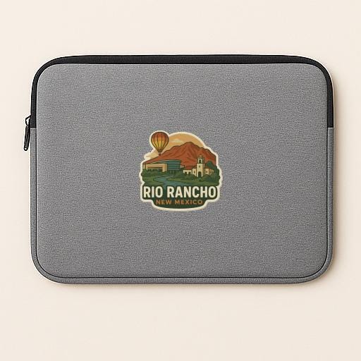 A gray laptop sleeve with a graphic design depicting a scenic view of Rio Rancho, New Mexico.