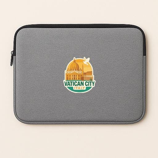 A gray laptop sleeve with a sticker depicting the Vatican City in Italy.