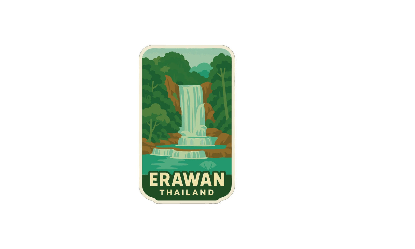 A stylized illustration of a waterfall in a lush, green landscape, with the text "ERAWAN THAILAND" prominently displayed.