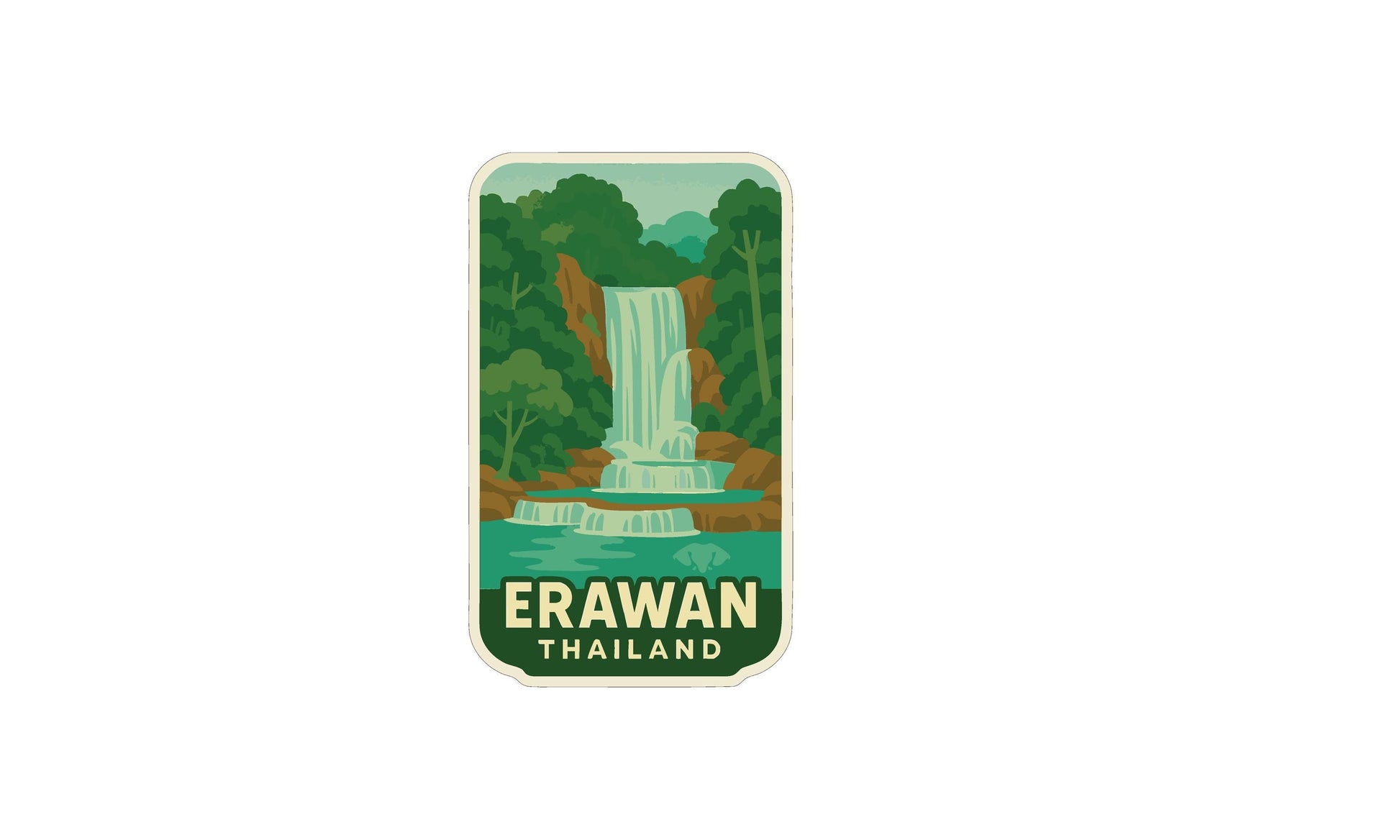 A stylized illustration of a waterfall in a lush, green landscape, with the text "ERAWAN THAILAND" prominently displayed.