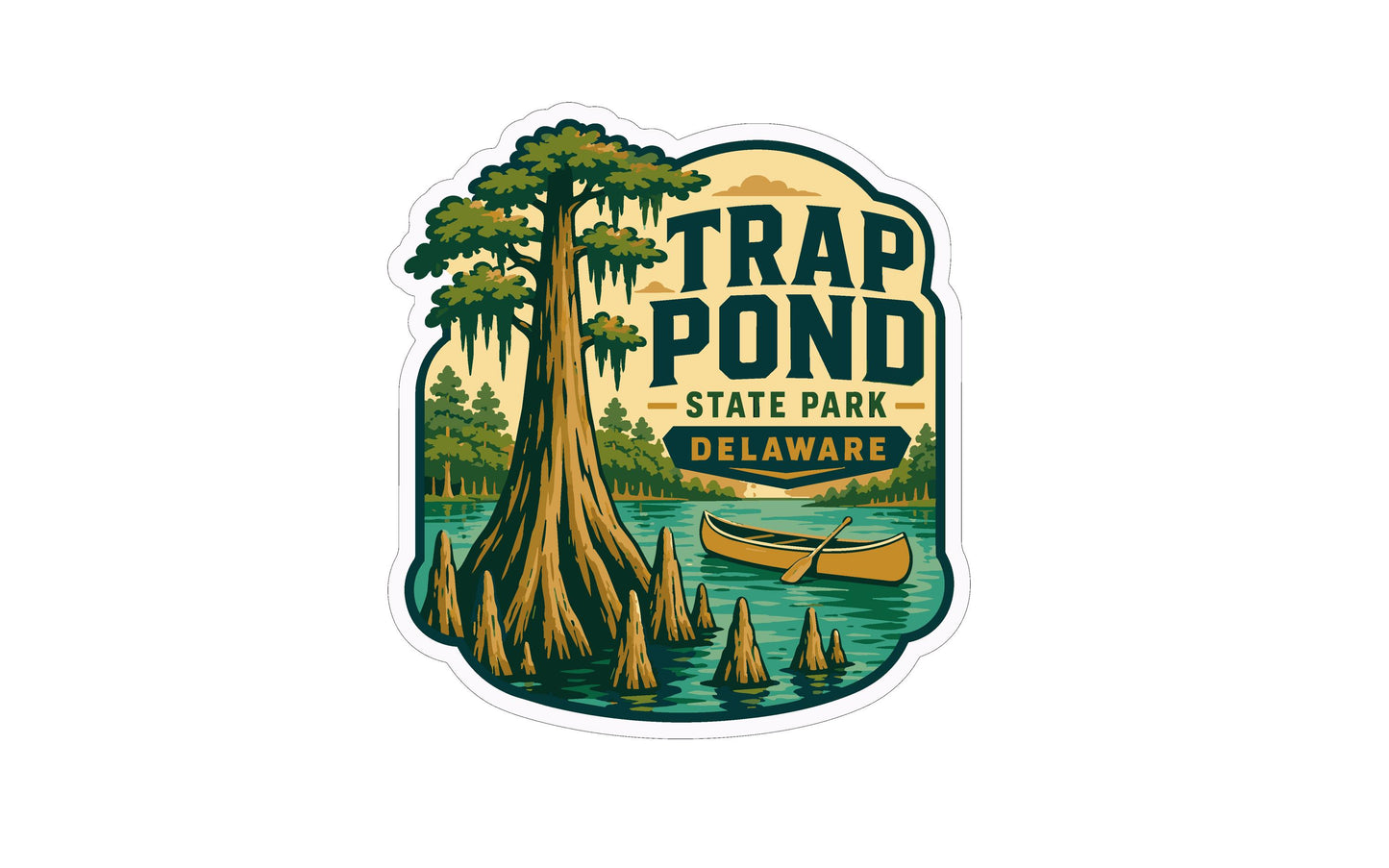 a sticker or emblem with a large tree, a canoe, and a body of water, likely representing a park or natural setting.