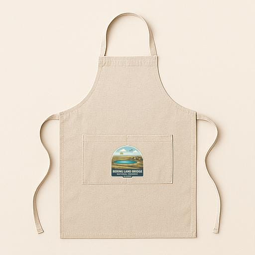 A beige apricot with a small logo on the front pocket, featuring a scenic landscape.