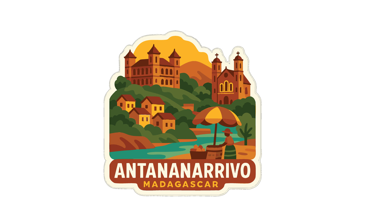 The image is a sticker or illustration depicting a scenic view of Antananarivo, Madagascar. It features a castle, a church, and a person sitting under an umbrella, with a river and hills in the background.