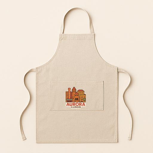 A beige apricot with a graphic of a city skyline and the text "AURORA, ILLINOIS" printed on it.