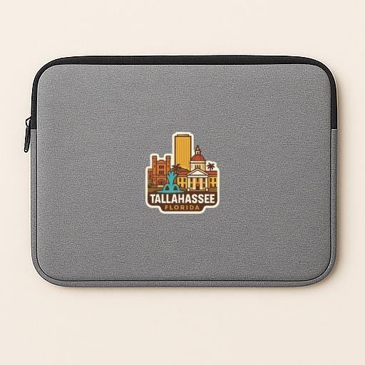 A gray laptop sleeve with a graphic design of Tallahassee, Florida, featuring a city skyline and various landmarks.