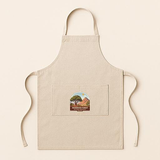 A beige apricot with a graphic of a forest and mountains on it, hanging on a white background.