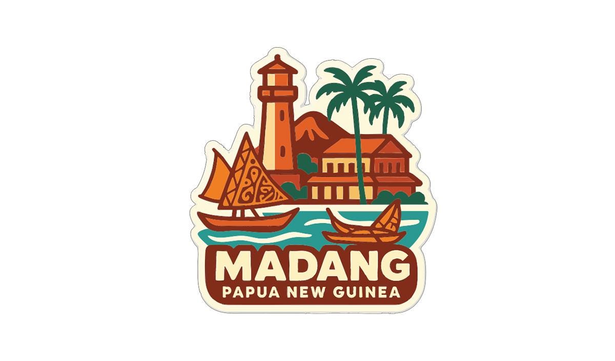 a sticker or logo depicting a tropical island with a lighthouse, palm trees, and boats, along with the text "MADANG PAPUA NEW GUINEA".