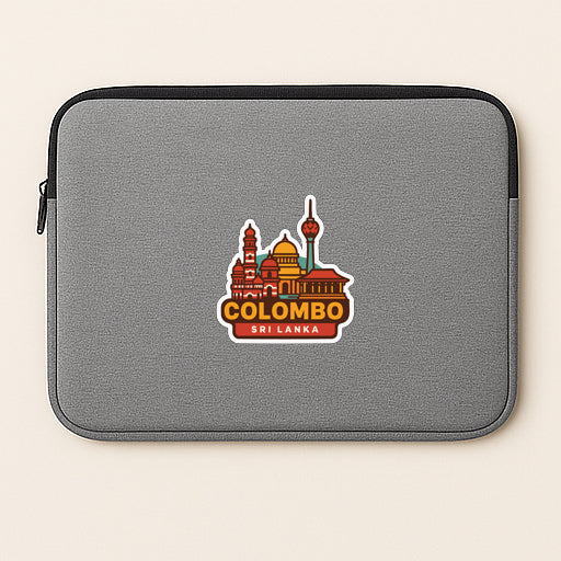 A gray laptop sleeve with a colorful sticker of the Colombo skyline in Sri Lanka.