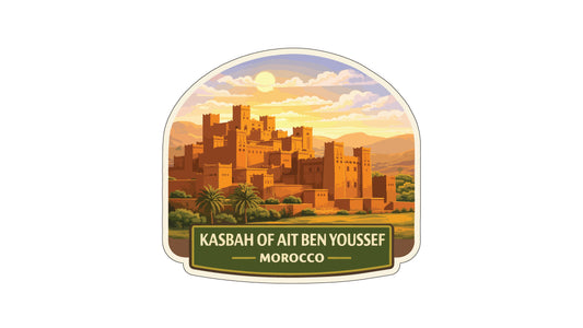 a desert city with a large, multi-story structure surrounded by palm trees and mountains in the background. The sky is filled with clouds, and the sun is shining brightly. The text "KASBAH OF AIEN Ben Youssef" is displayed below the image.