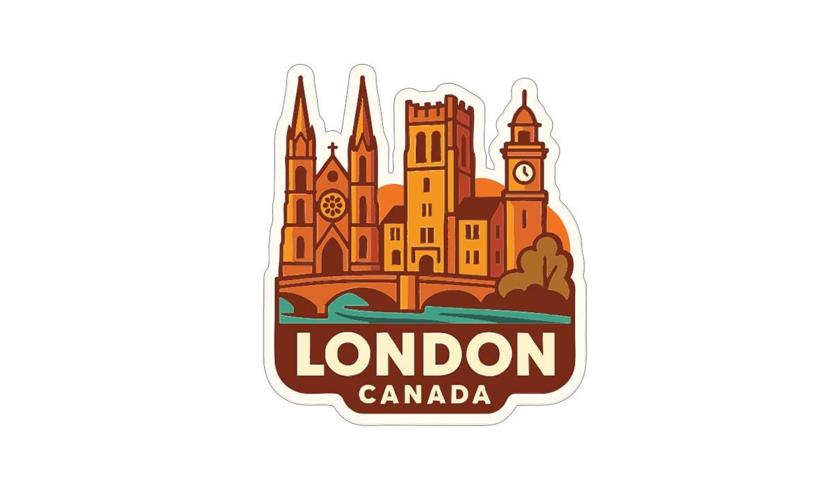 A sticker or illustration depicting the skyline of London, Canada, with iconic landmarks such as the Houses of Parliament, Big Ben, and the Tower Bridge.