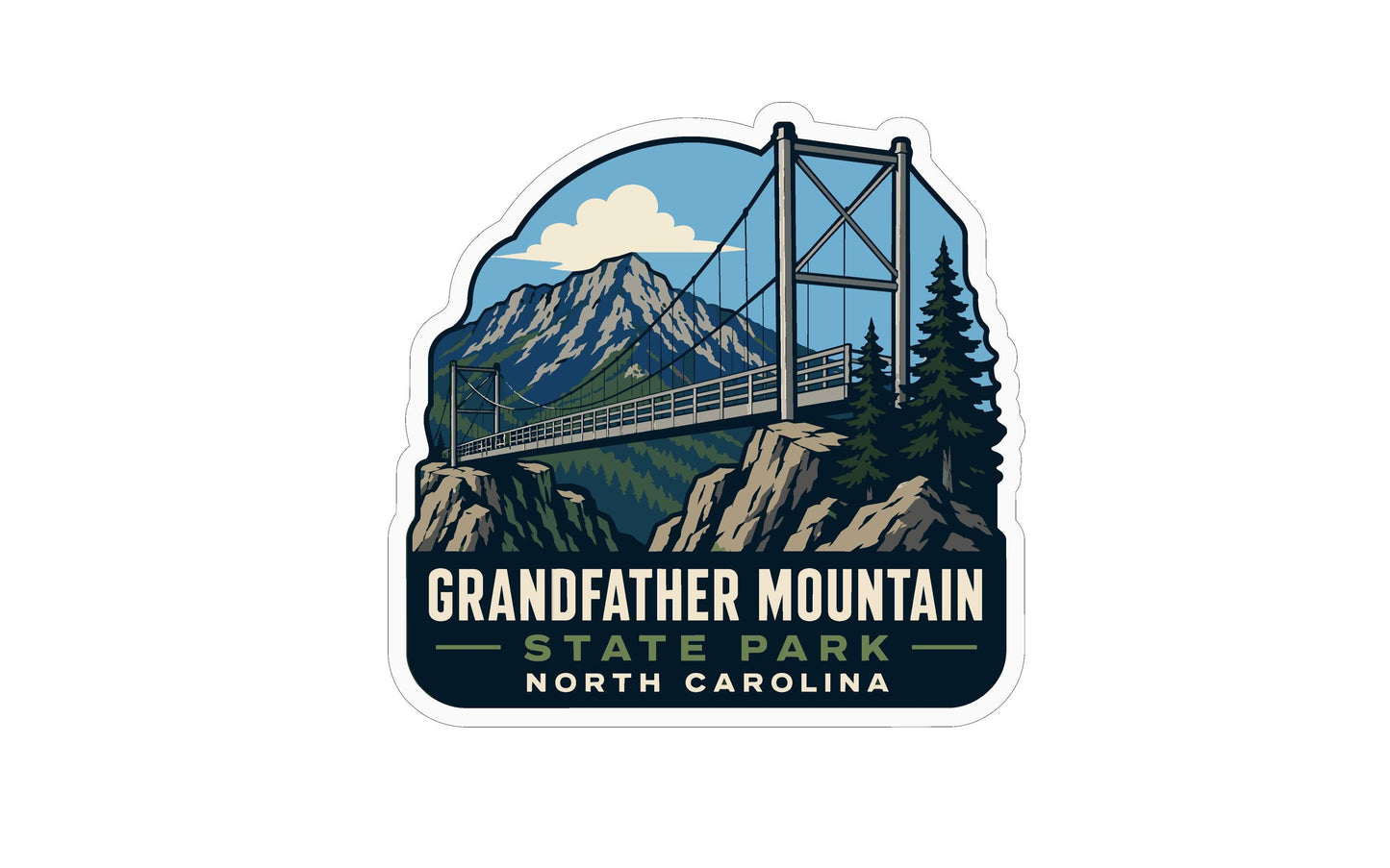 A sticker depicting a suspension bridge over a mountain with pine trees, with the text "GRANDFATHER MOUNTAIN STATE PARK NORTH CAROLINA" below it.