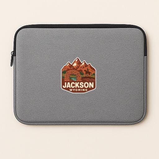A gray laptop sleeve with a graphic of mountains and a river, along with the text "JACKSON WYOMING".