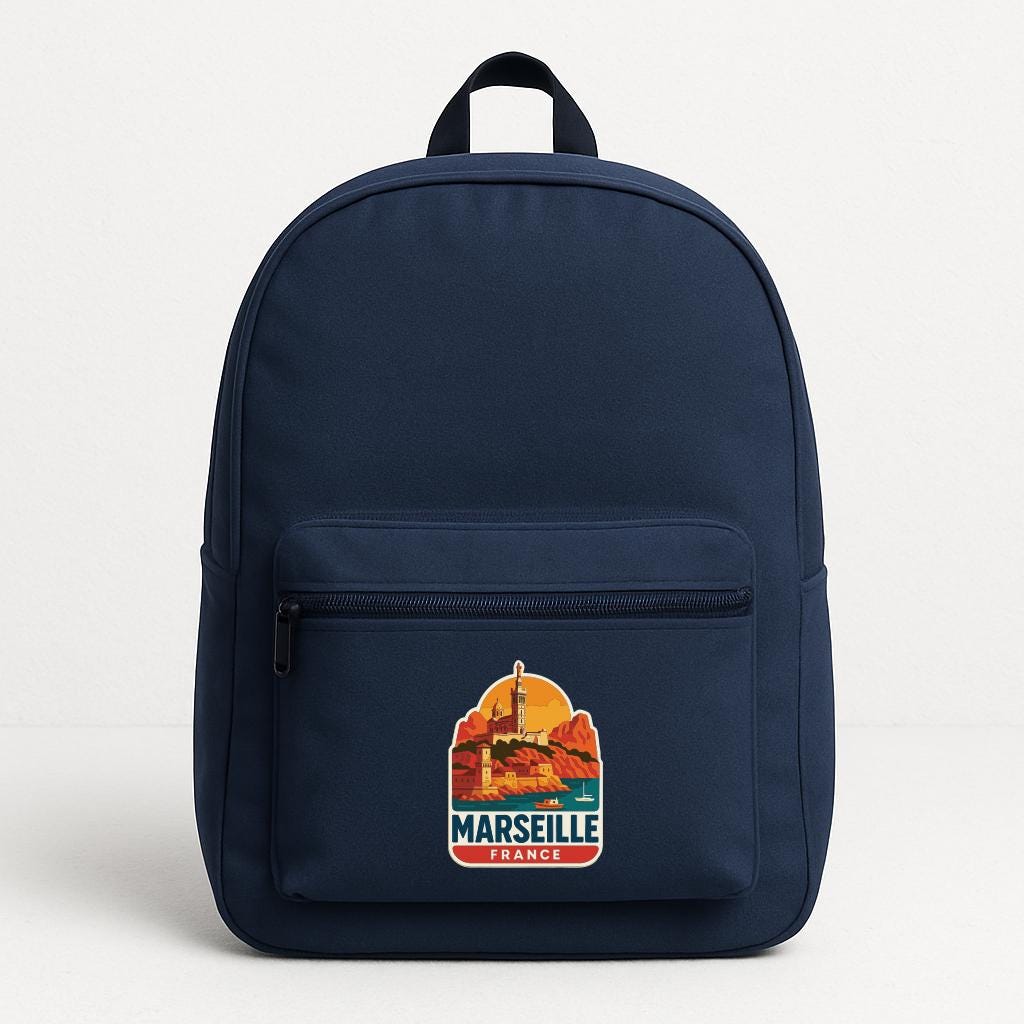 A navy blue backpack with a graphic of a mountain and the text "MARSELLE FRANCE" printed on it.