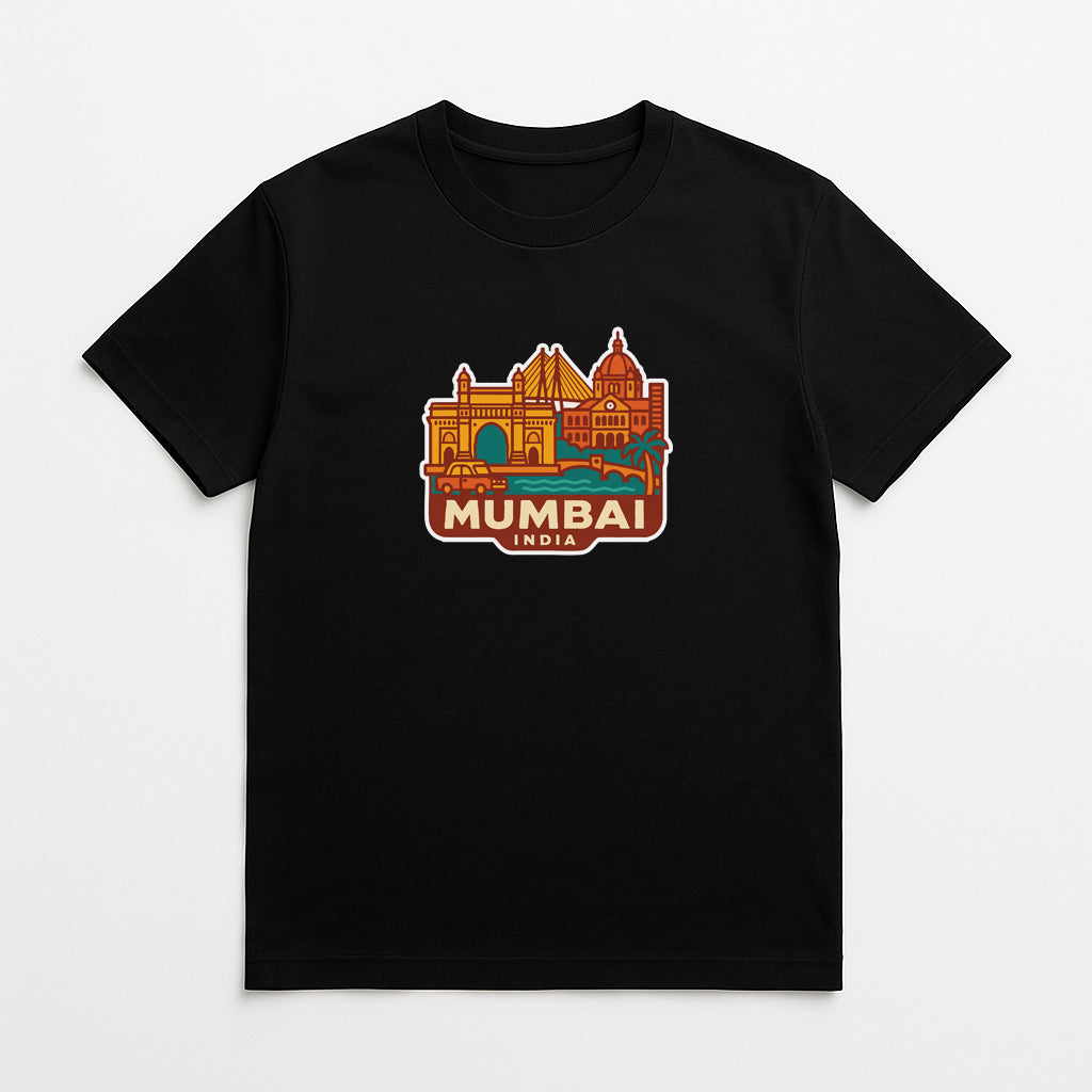 A black t-shirt with a graphic design depicting the skyline of Mumbai, India.