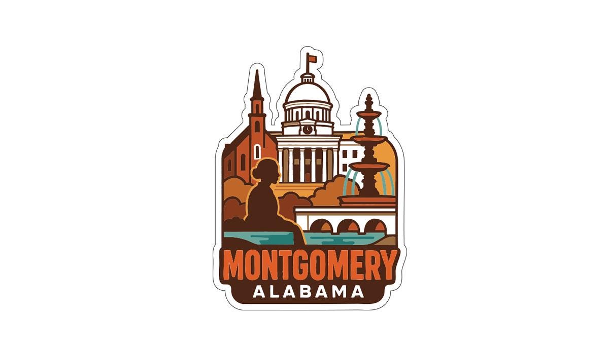 A sticker or logo depicting the skyline of Montgomery, Alabama, with various landmarks and buildings, including a dome-shaped building and a clock tower.