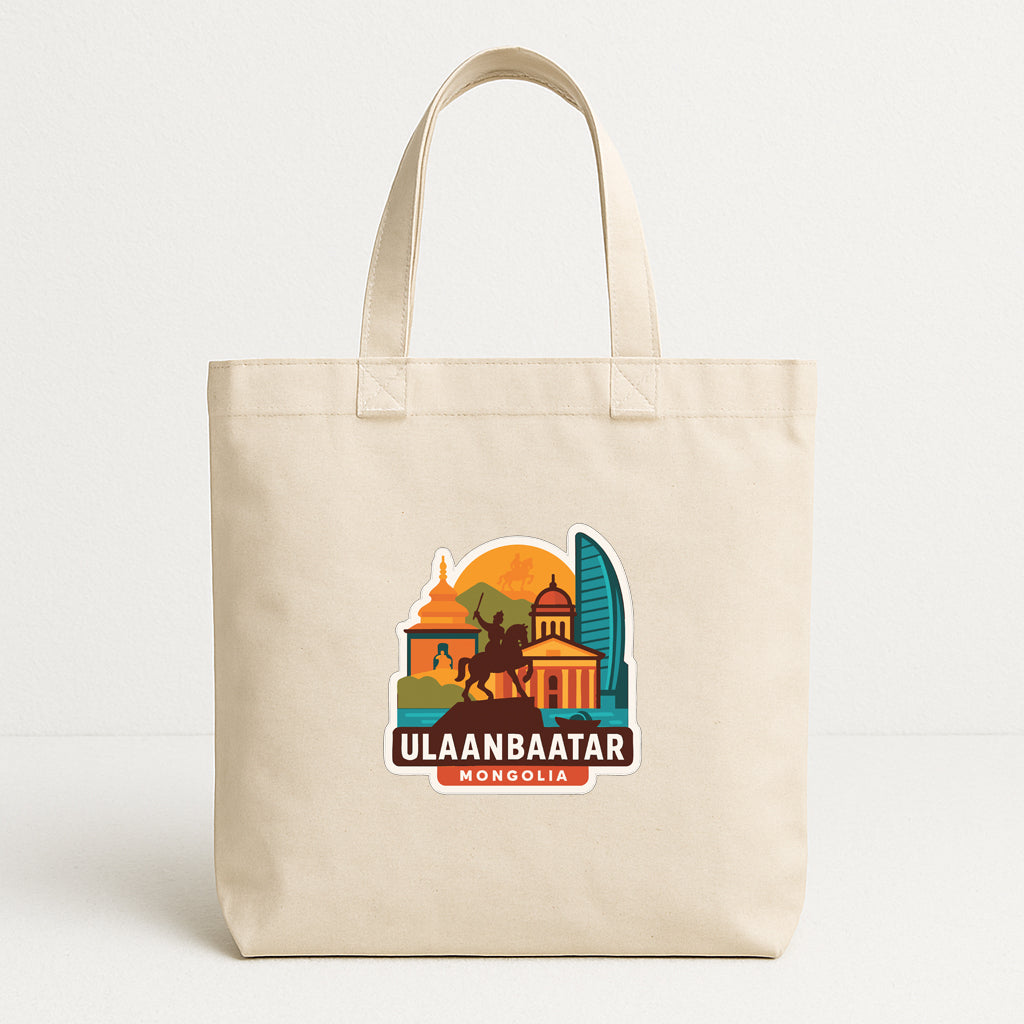 A beige tote bag with a graphic design featuring a city skyline and a horse, along with the text "ULAANBAATAR MONGOLIA".