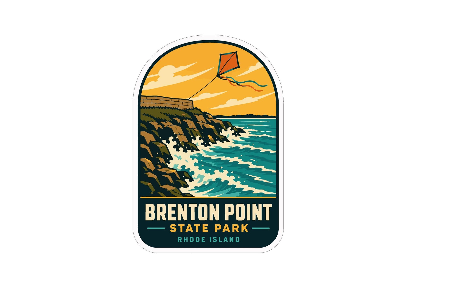 A sticker depicting a kite flying over a scenic coastal landscape with crashing waves, cliffs, and a bright orange sky.