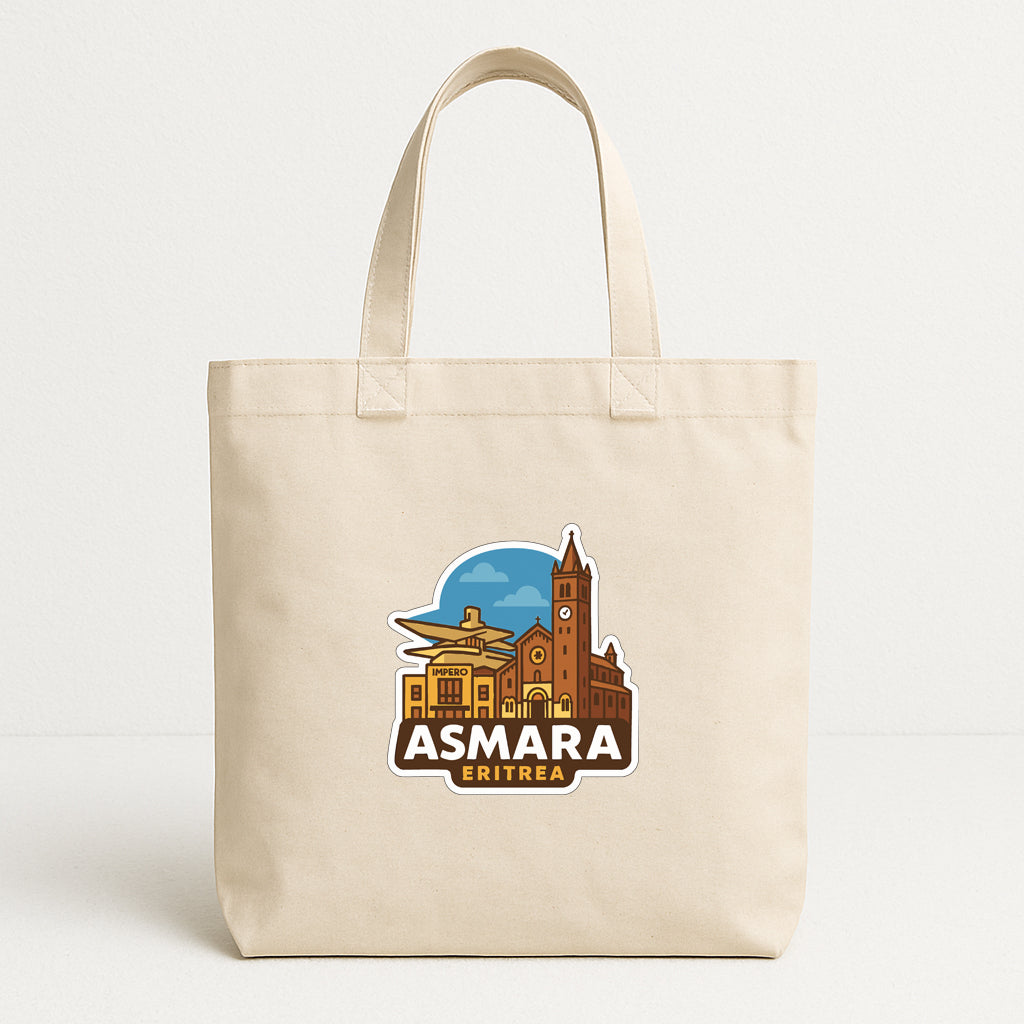 A beige tote bag with a graphic design featuring a city skyline and the text "ASMARA ERITREA" printed on it.
