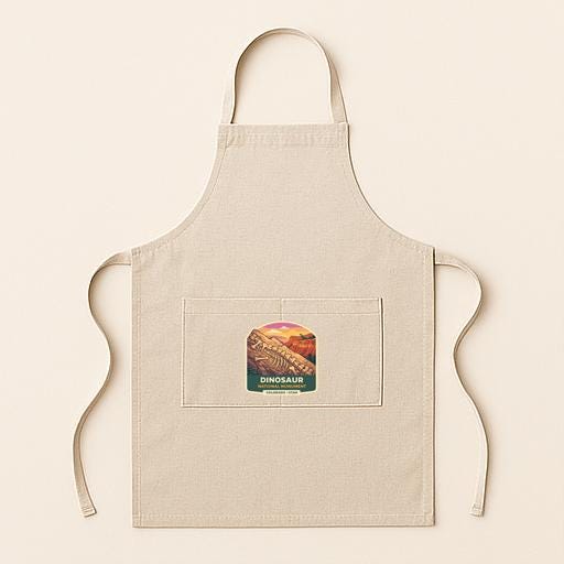 A beige apricot with a dinosaur-themed label attached to the front pocket.