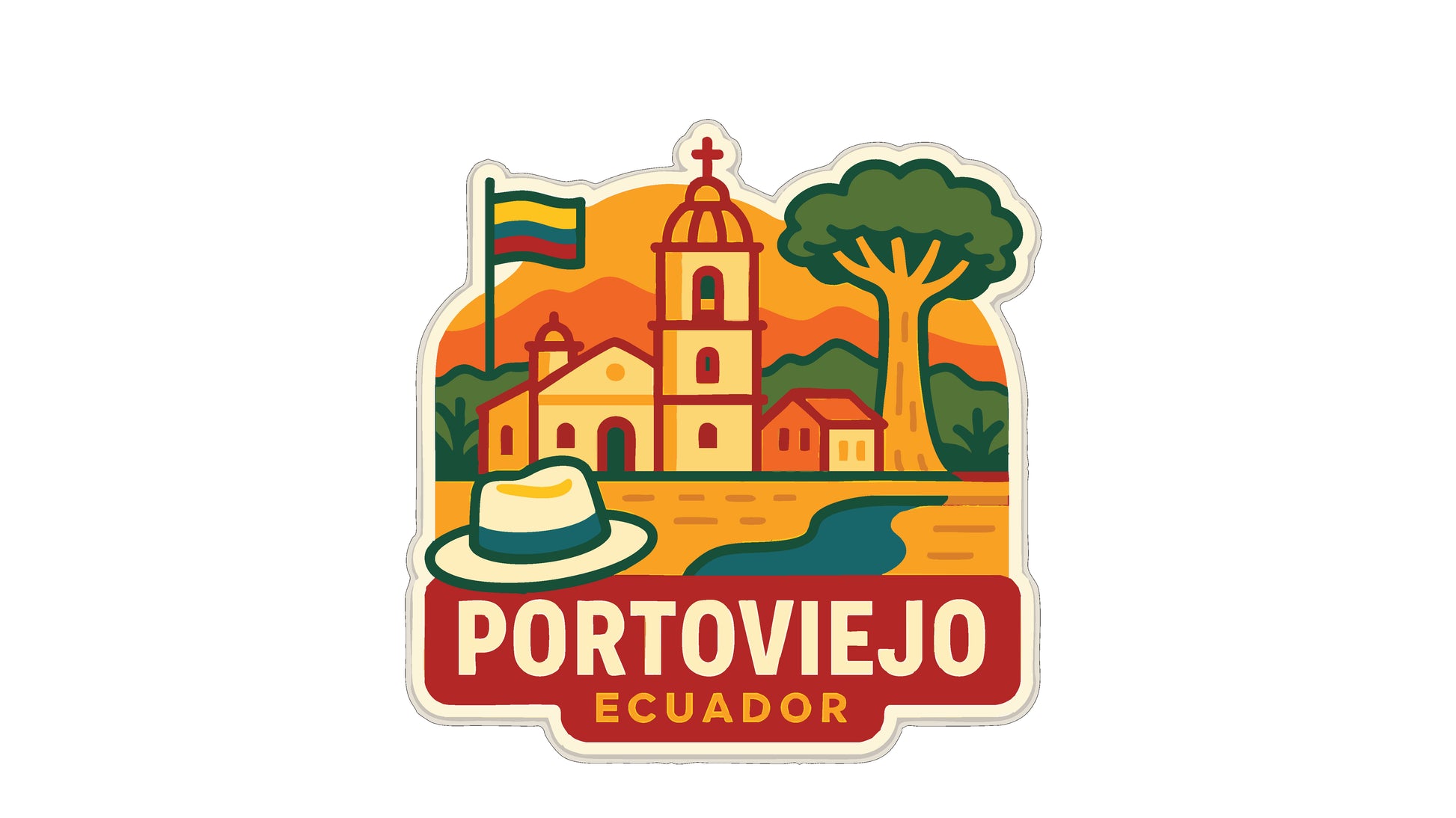 The image is a sticker or emblem featuring a tropical landscape with a church, palm trees, and a river. The text "PORTOVIEJO ECUADOR" is prominently displayed, indicating the location of the image.