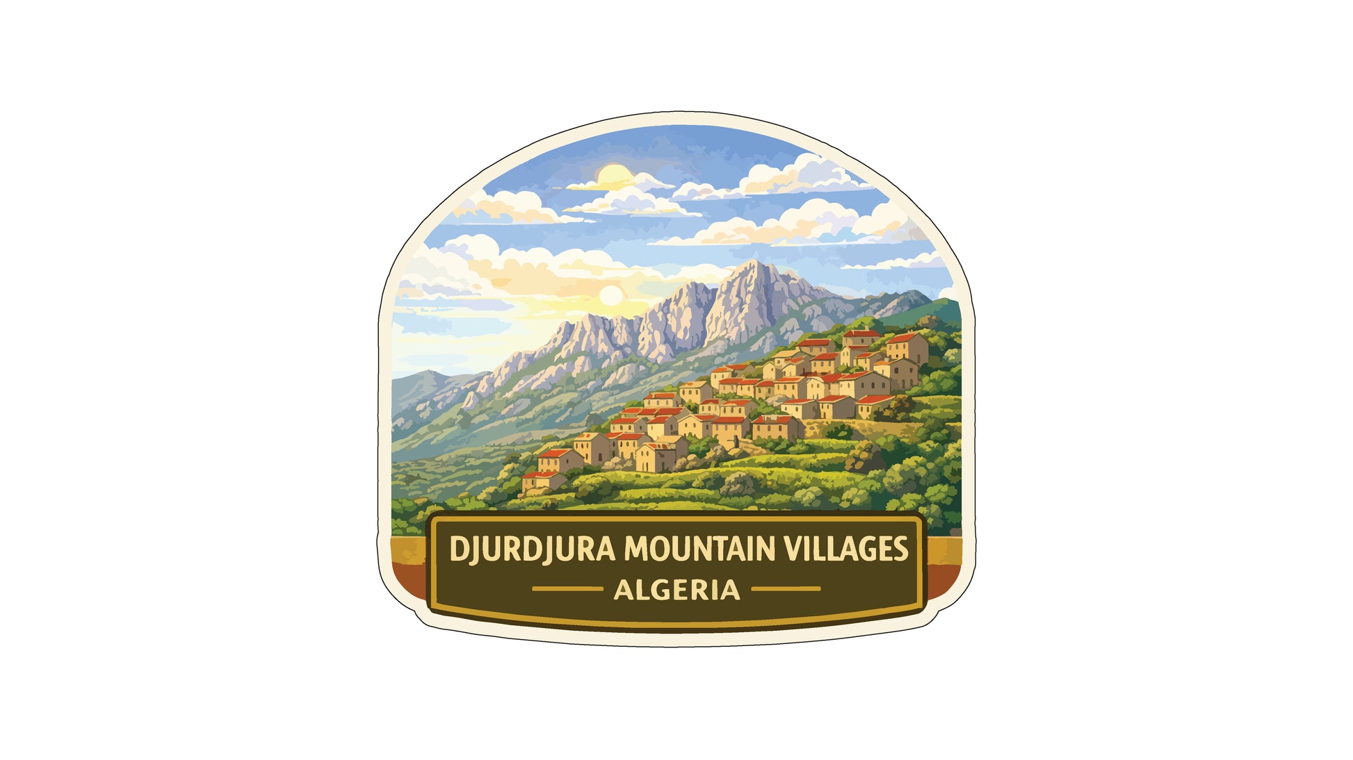 a scenic mountain village in Algeria, with a cluster of houses nestled among the hills and mountains.