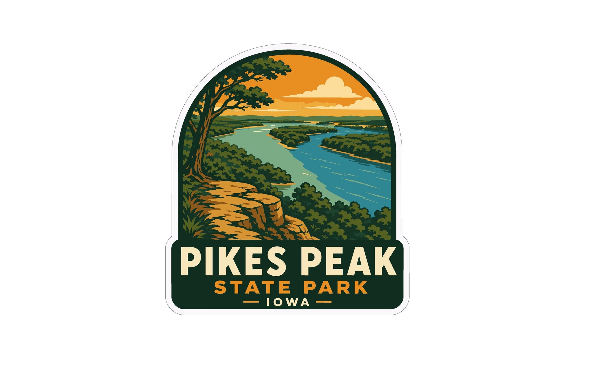 A sticker depicting a scenic view of Pikes Peak State Park in Iowa, with a river, trees, and a cloudy sky in the background.