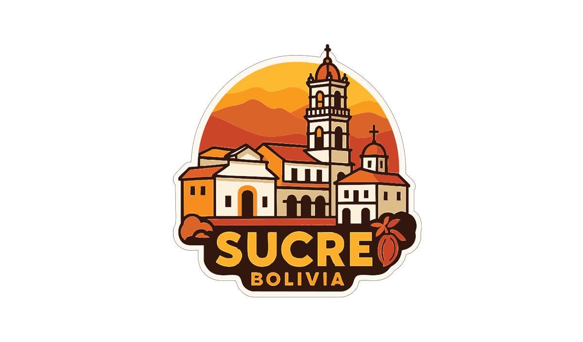 a stylized illustration of a town or city with a prominent bell tower, surrounded by buildings and mountains. The text "SUCRE BOLIVIA" is prominently displayed in the center of the image.