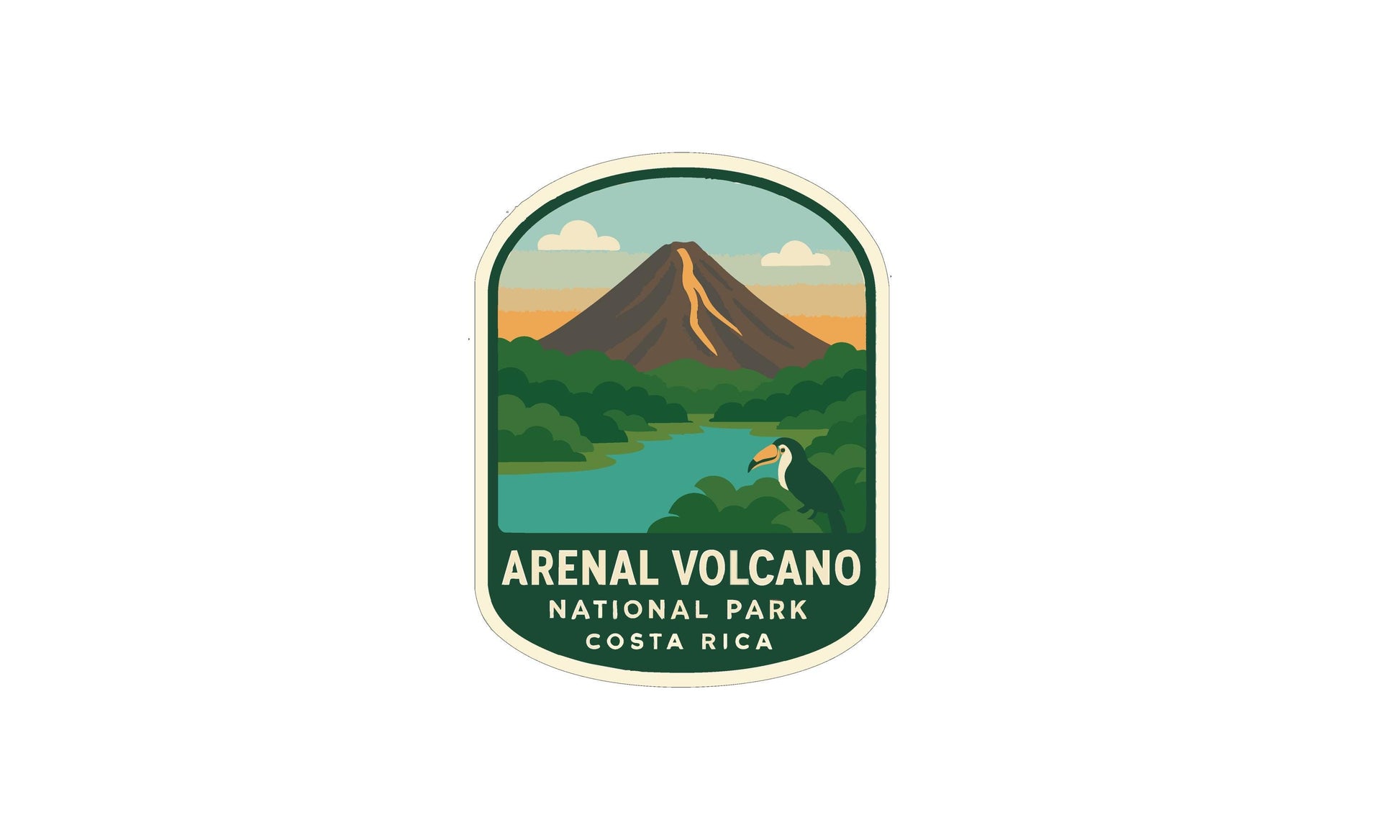a sticker or emblem with a mountain, a bird, and a river, representing the national park of Costa Rica.