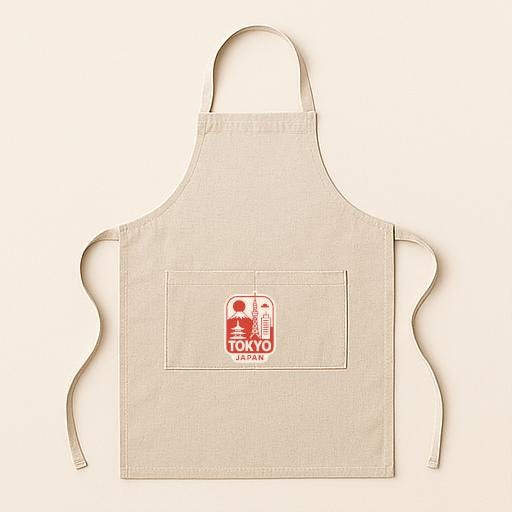 A beige apricot with a red and white logo that says "TOKYO" on it.