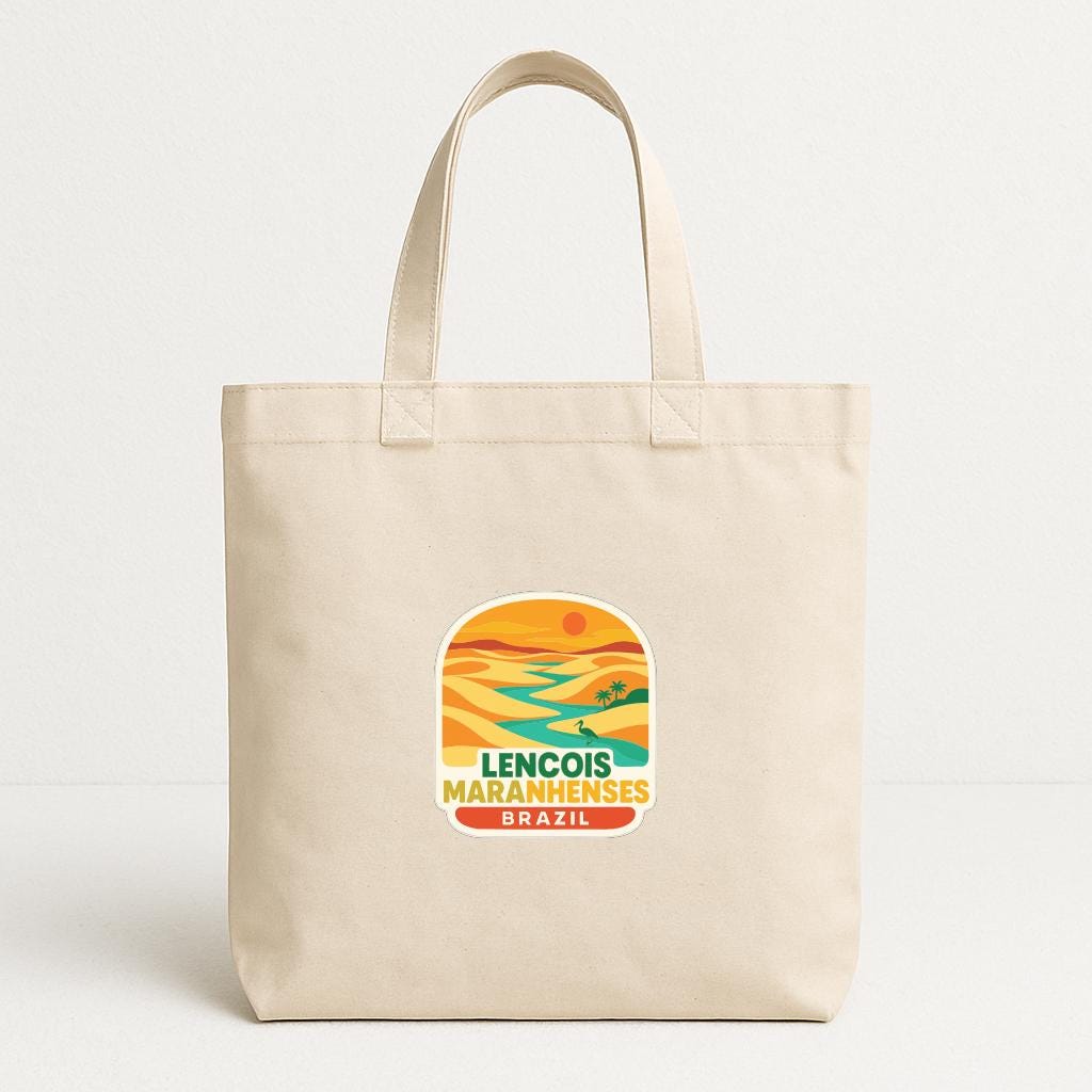 A beige tote bag with a printed label that says "LENCOIS MARANHENES BRAZIL".