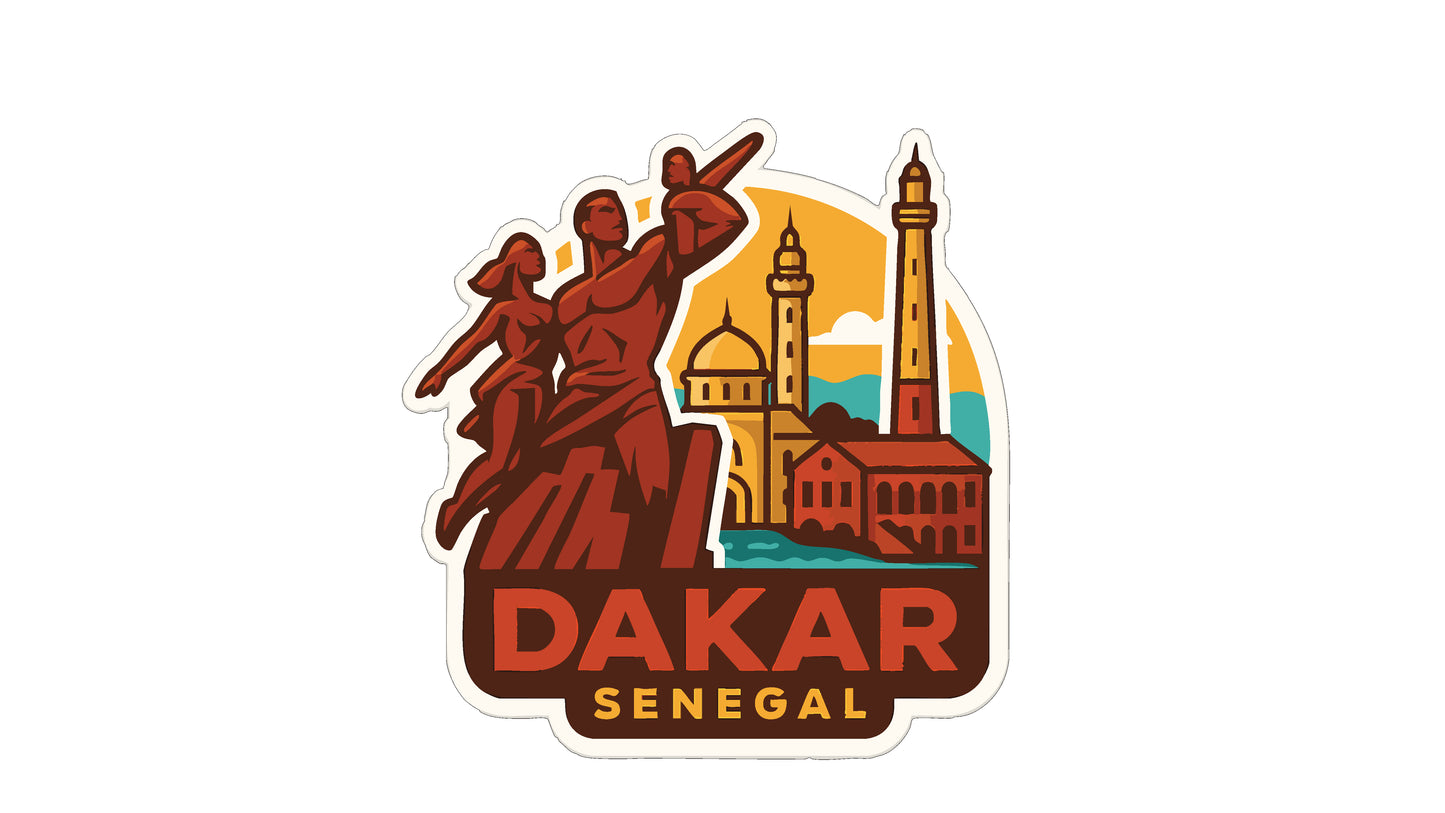 a sticker or logo with the text "DAKAR SENEGAL" and a stylized illustration of a monument or landmark, along with two figures.