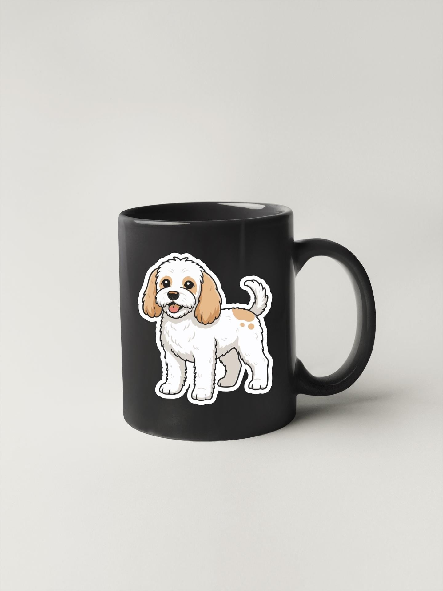 A black mug with a cartoon illustration of a small white dog on it.
