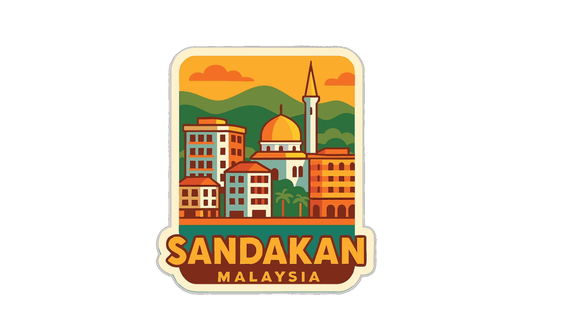 A sticker or emblem featuring the city of Sandakan, Malaysia, with a stylized illustration of buildings and a prominent mosque.