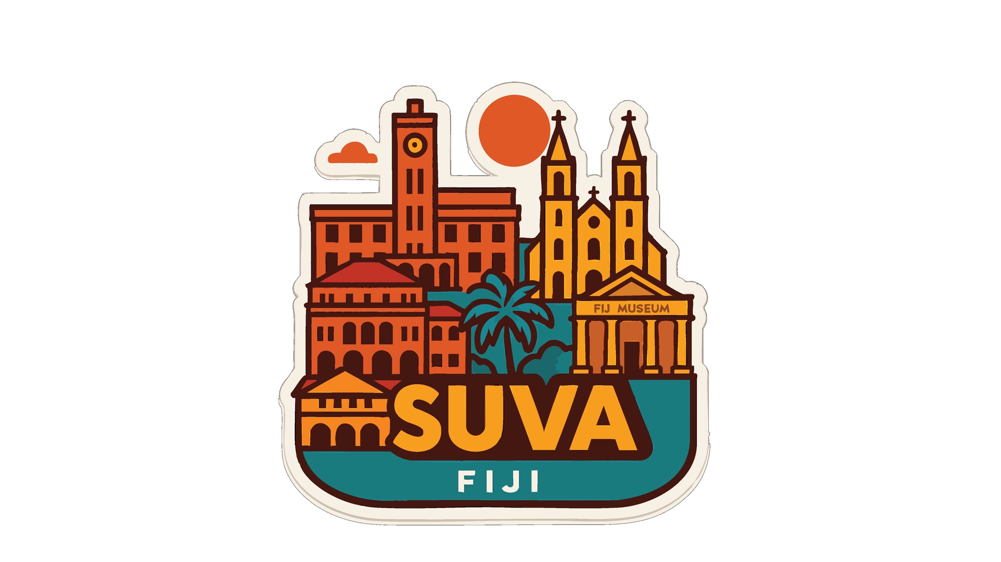 a stylized illustration of the city of Suva, Fiji, with various landmarks and buildings depicted in a vibrant, colorful style.