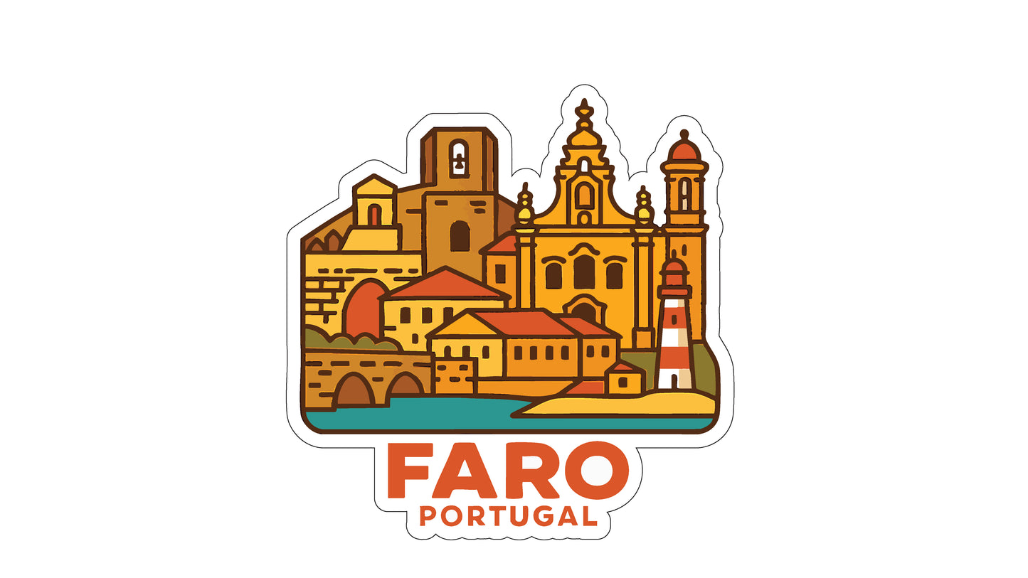 a stylized illustration of the city of Fáró, Portugal, showcasing its iconic landmarks and architecture.