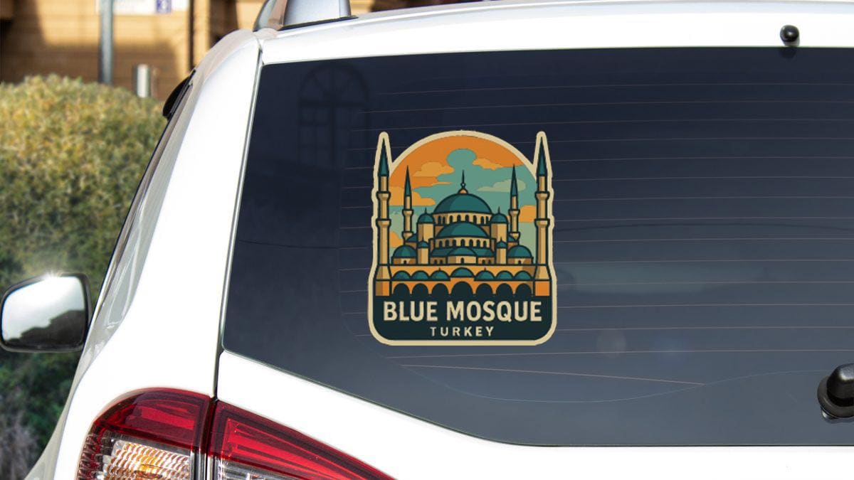A sticker on the rear window of a car that features an illustration of the Blue Mosque in Istanbul, Turkey.