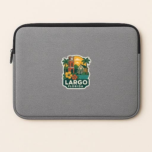 A gray laptop sleeve with a logo of a tropical location, specifically Largo, Florida.