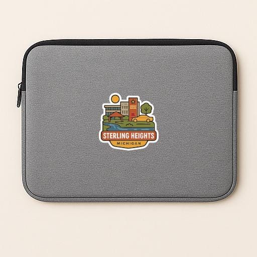 A gray laptop sleeve with a sticker of Sterling Heights, Michigan, featuring a cityscape and a sun.