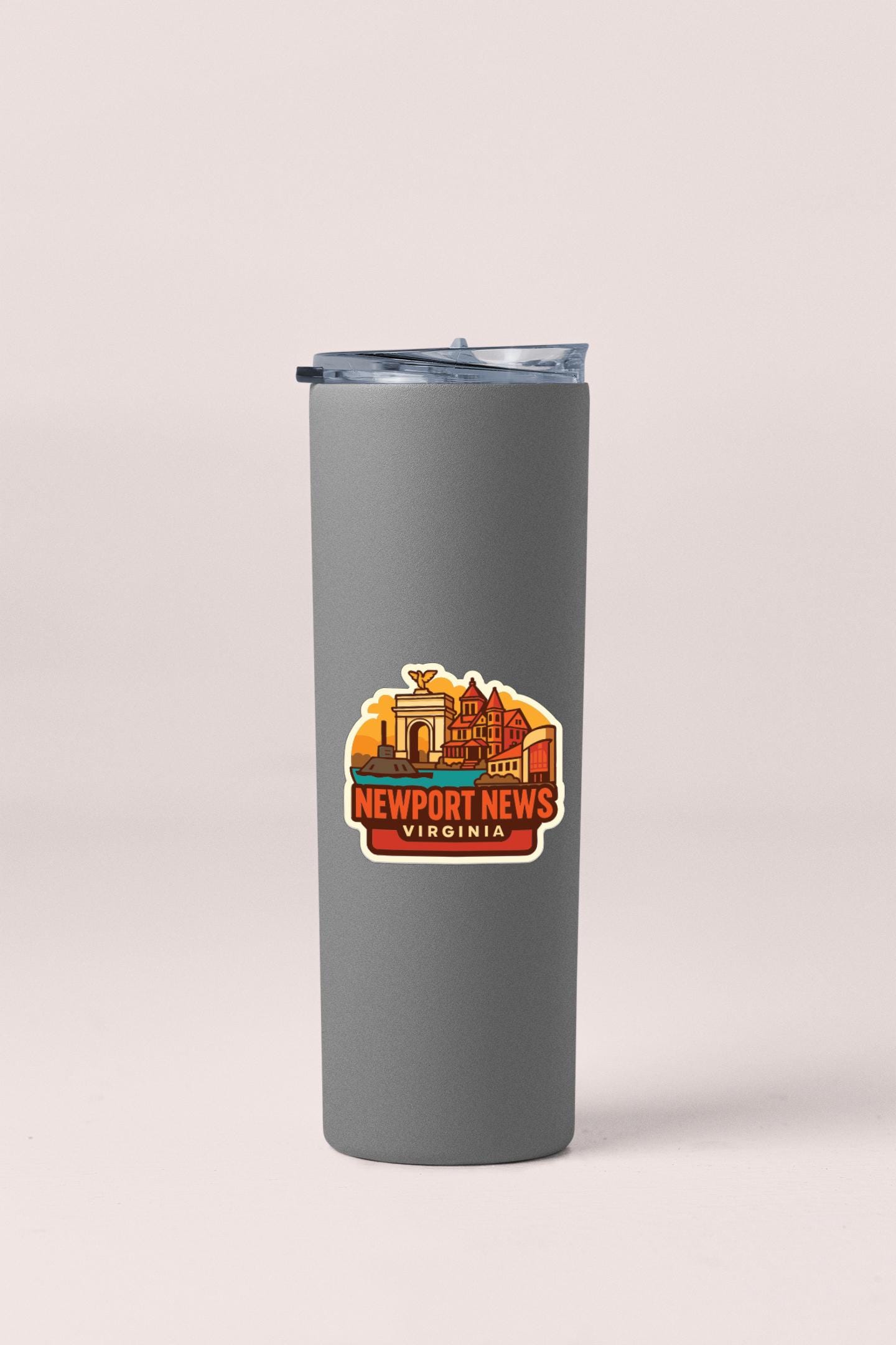 A gray insulated tumbler with a logo that says "Newport News Virginia".