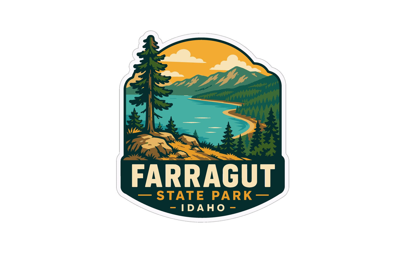 a sticker or emblem with a scenic landscape depicting a mountain range, pine trees, and a lake. The text "Farragut State Park Idaho" is prominently displayed, indicating the location or theme of the image.